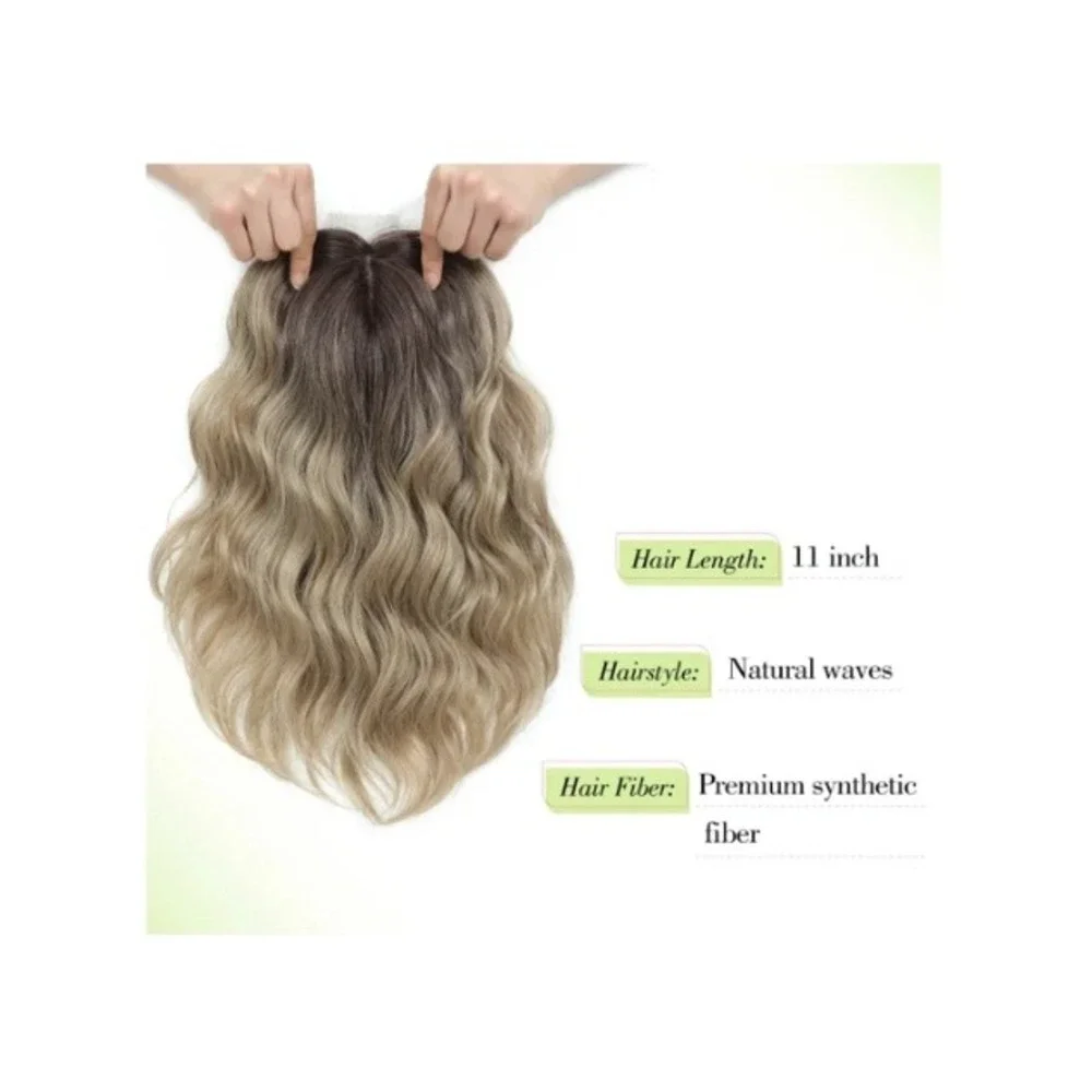 11in Short Wavy Hair Topper Ombre Brown Blonde Synthetic Hairpiece 6.5x6.5